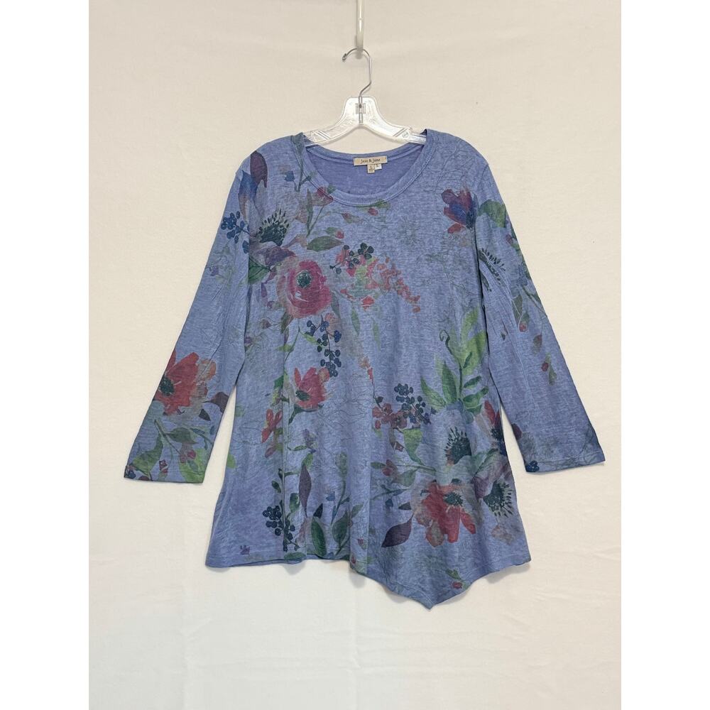 Jess & Jane Long Sleeve Floral Slub Knit Tunic Blue Womens Large Art to Wear - Picture 2 of 10